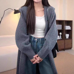直播2025秋冬新款韩系针织开衫女慵懒风连帽中长款宽松显瘦毛衣外