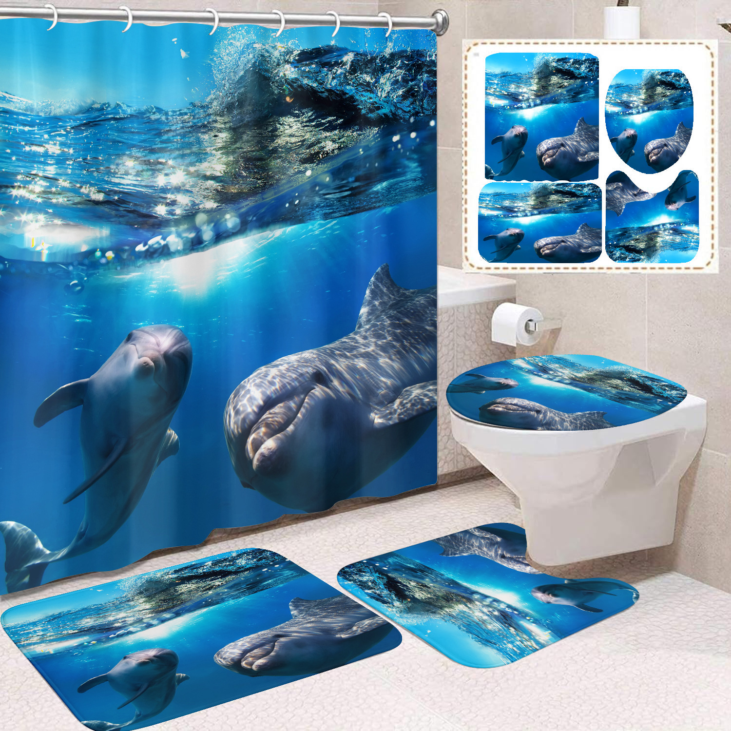 Cortina de ducha transfronteriza con diseño de delfines azules, estampada digitalmente, de poliéster, sin perforaciones, para baño, decoración del hogar image 50