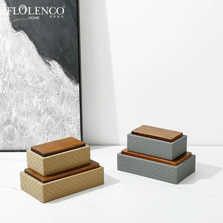 新中式简约木盖子编织皮纹首饰盒样板房别墅衣帽间家居装饰盒摆件