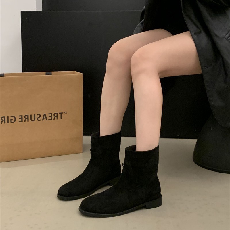 粗跟复古英伦风绒面马丁靴女鞋2025新款瘦瘦法式小短靴春秋单靴子|undefined