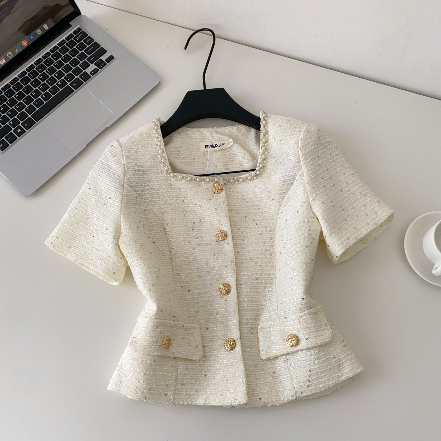 Women's French Style Beaded Square Neck Short Sleeve Summer Blouse_voghion.com