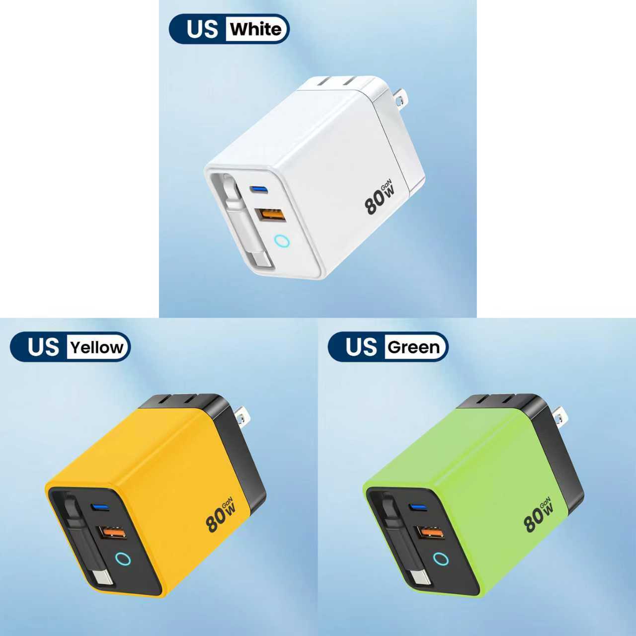 Cargador de nitruro de gallio de 80W PD cabezal de carga rápida para Apple Huawei Xiaomi con lámpara cargador de cable telescópico plegable