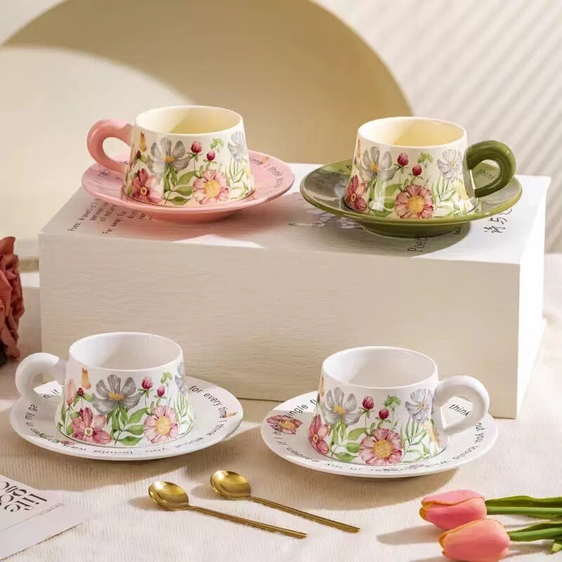 Iris flower coffee cup and saucer set gift box, afternoon tea cup, souvenir gift for friends, birthday present, high aesthetic value