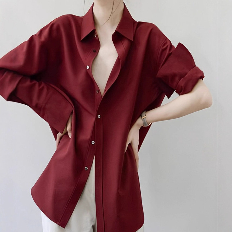 High-End Carmine Loose White Shirt Women's Long-Sleeved Matte Anti-Wrinkle Acetate Satin Draped Lazy Top