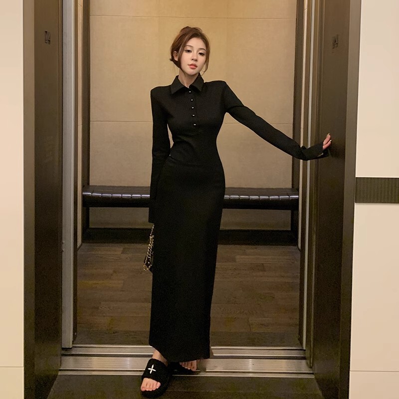 气质长袖连衣裙子黑色今年流行爆款早秋衬衫裙女装2025新款初秋季|undefined