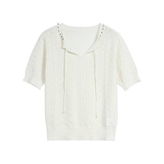Temperament Commuting Casual Round Neck Short Sleeve Apricot Knitted Sweater Women's 2025 Summer New High-End Beaded Top