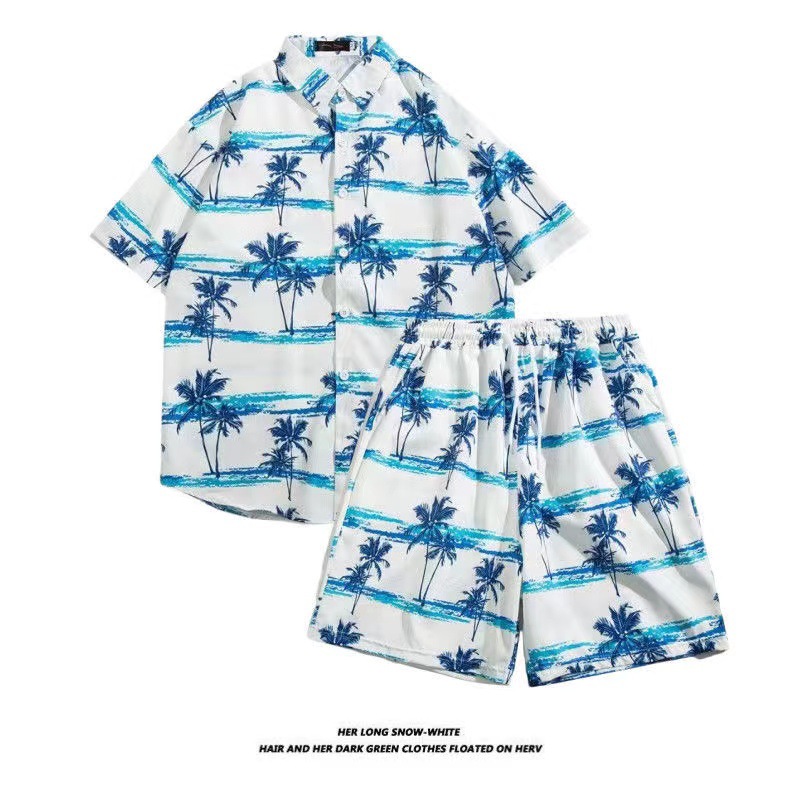 Hawaiian Holiday Loose Beach Pants Seaside Men's Casual Trendy Short Sleeve Shirt Beach suit Summer Shorts