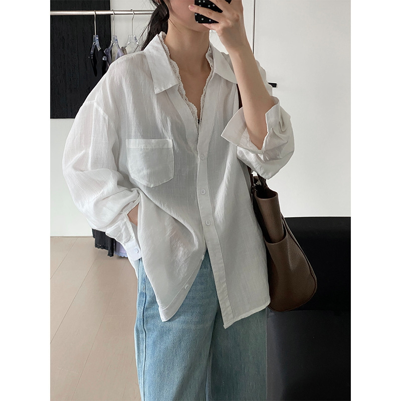 So light aesthetic Tencel ramie V-neck shirt women's Korean lace loose comfortable shirt 6051