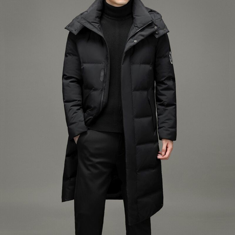 Middle-Aged and Elderly Men's down Jacket Korean Style Extra Long Over-The-Knee Hooded Hairless Collar Thickeneded Warm Coat Dad Gift