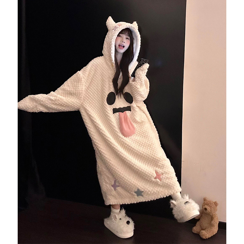 少女搞怪鬼脸连帽珊瑚绒睡衣女冬季新款加绒加厚毛绒睡袍家居服潮|undefined