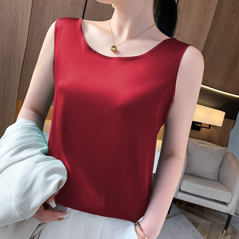 French chic vest top artificial silk flat bottom shirt Women's inner and outer wear lace sexy small back