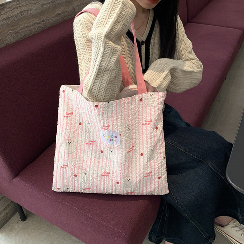 Striped Foam Double-layer Shoulder Bag Large Capacity Small Trendy Cat Style Handheld Tote Bag Casual Canvas Bag