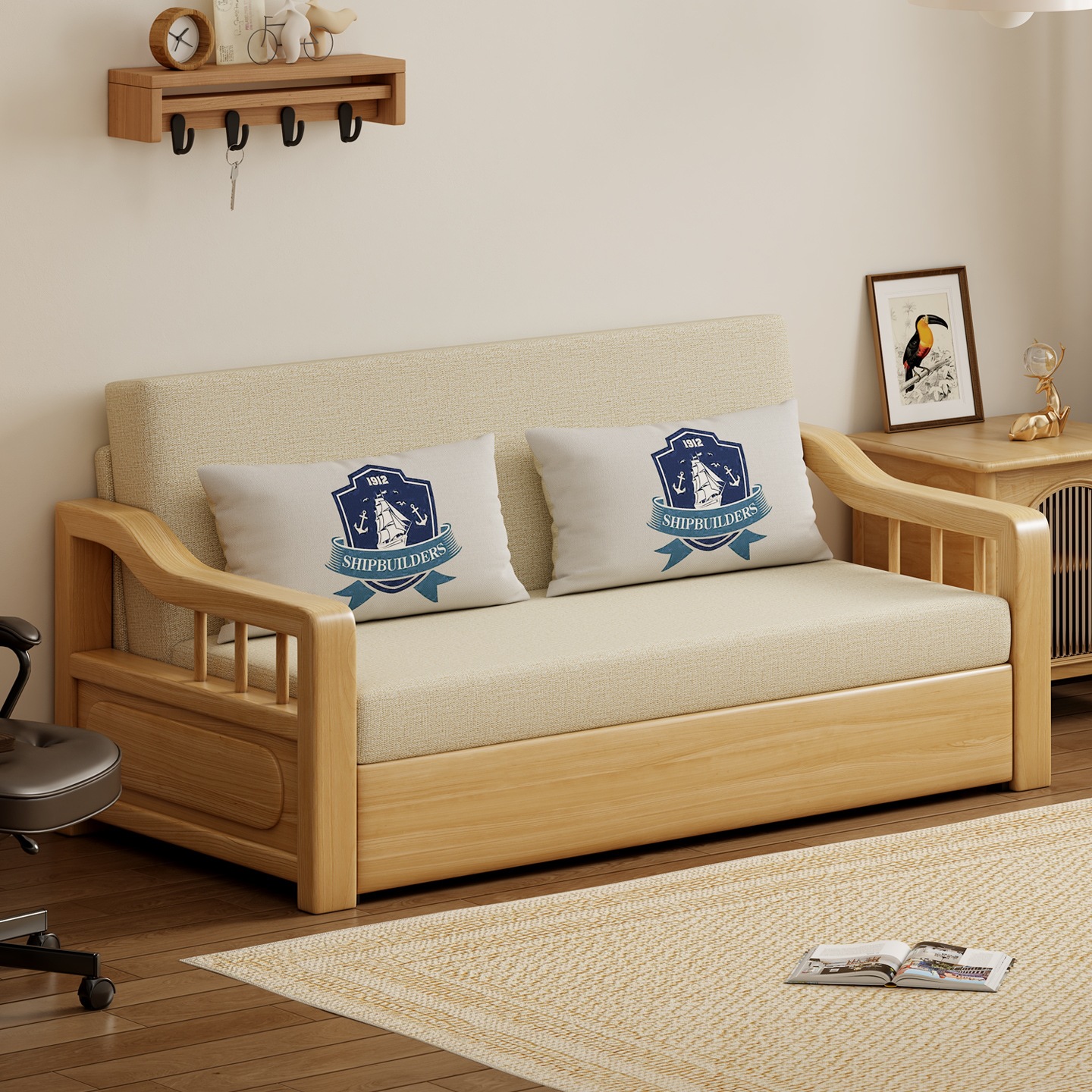 Folding Single Sofa Bed for Small Living Room Multi-Functional 2025 New Solid Wood Sofa Bed All-In-One Dual-Purpose