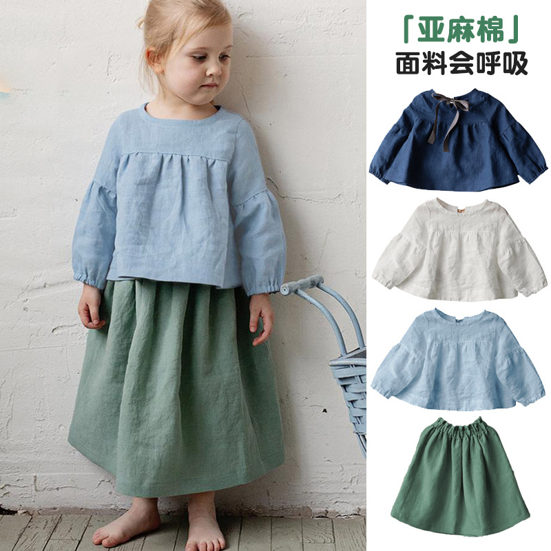 北欧风女童装棉麻长袖T恤秋季洋气蝴蝶结娃娃衫女宝亚麻宽松上衣