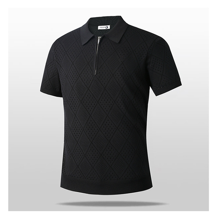 Men's Business Casual Short Sleeve Polo Shirt Summer Old Fashioned Hollow Knitwear Thin T-Shirt for Men_viptrois.com