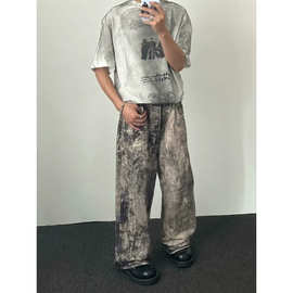 水墨迷彩牛仔裤男秋季美式复古做旧微喇裤泼墨扎染涂鸦废土风裤子