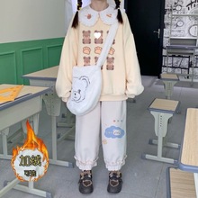 新款日系软妹宽松花边灯芯绒阔腿裤女学生可爱加绒高腰休闲九分裤