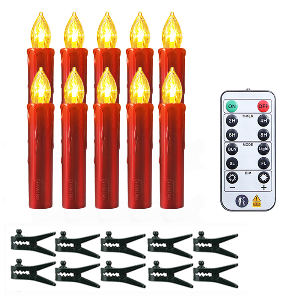 Luz LED tipo vela con carcasa roja y clip, función de temporizador, decoración para árbol de Navidad, control remoto de 7 teclas con temporizador, venta al por mayor de fábrica.
