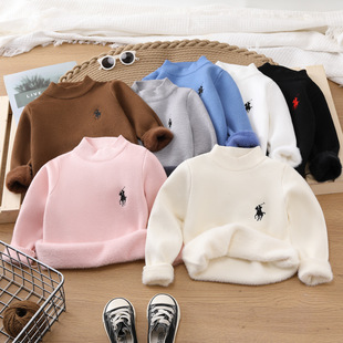 Children's solid color fleece-lined sweater autumn and winter new boys and girls candy color loose casual western style pullover sweater
