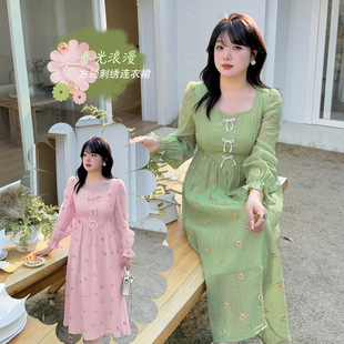 K2979 Plus Size Women's Spring & Fall Fresh Square Collar Embroidered Dress Slightly Fat mm Puff Sleeve Plus Size Dress
