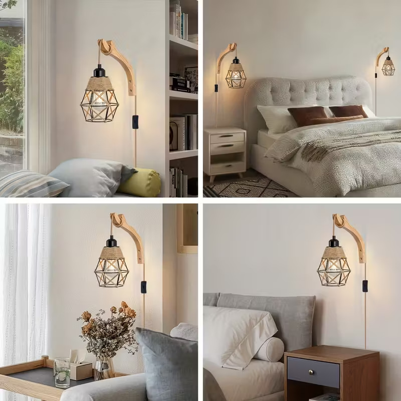 Lámpara de pared enchufable estilo americano rústico madera sólida lámpara de pared de cuerda de cáñamo industrial lámpara de pared de cuerda de cáñamo transfronteriza lámpara de pared de comercio electrónico