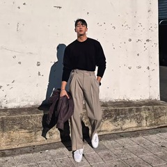 英倫雅痞双しわデザイン感高腰スーツズボン男垂感直筒ゆるいズボン広脚カジュアルズボン