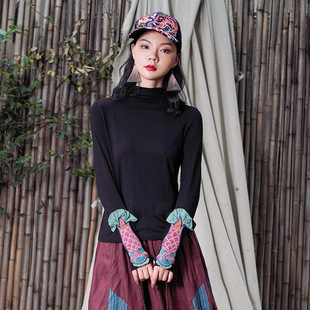 Real shot ethnic style autumn new long sleeve slim base shirt embroidered high collar solid color white T-shirt top