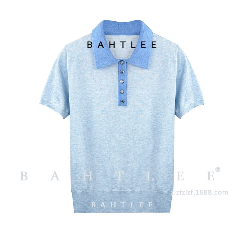 Summer Lightweight Australian Wool Polo Collar Knit Top with Simple Style, Color-Blocking, Slimming High-Waisted Short Design, Short-Sleeve Knit Top