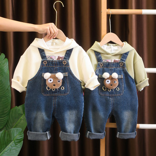 Baby clothes spring Korean style western style hooded suspender pants two-piece suit one-year-old baby boy spring trousers fashionable suit