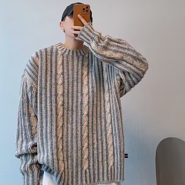 2025 New Japanese Retro Striped Color-Block Sweater Men's High Street Trendy Niche Lazy Style Casual Knit Top