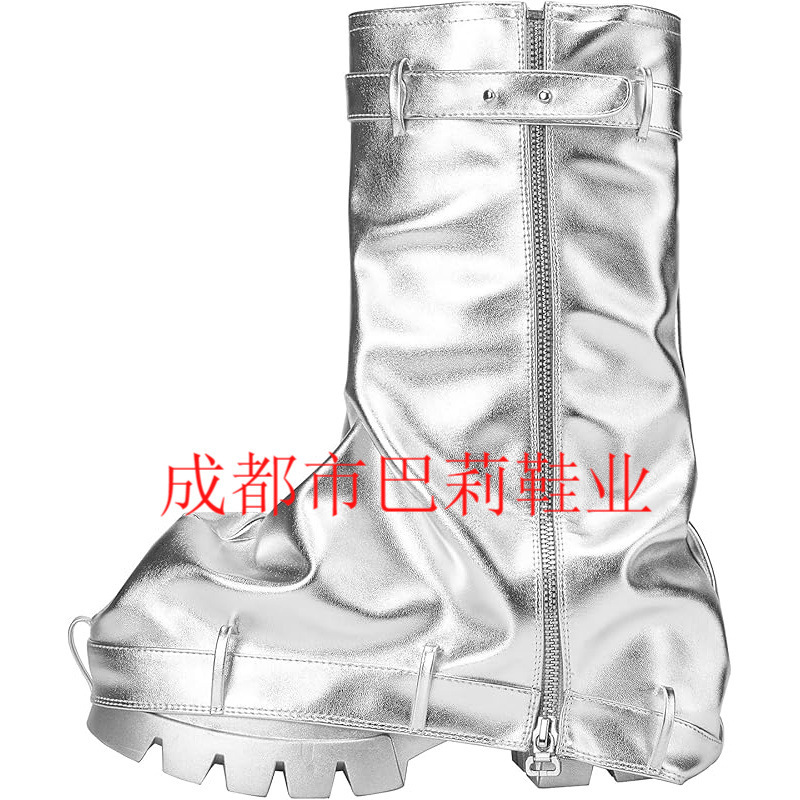 女式折叠靴休闲靴宽小腿褶皱防水台靴红色中高靴子厚实叠层靴大码|undefined