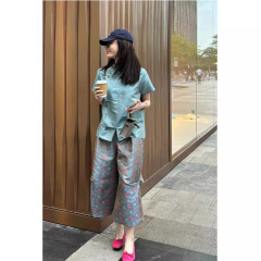 今年人気のファッション夏服、新しい中国風ボタンアップシャツ、ジャカードワイドレッグカプリの完全なセット