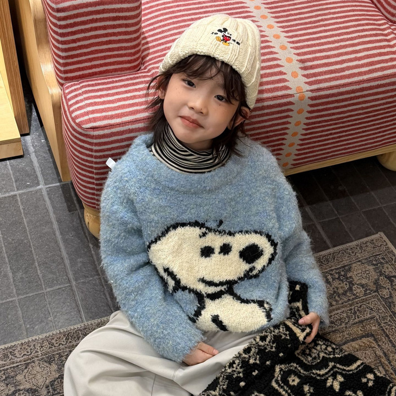 Cheese and Cat Children's Clothing Boys' Sweater 2025 Winter New Korean Version Snoopy Print Children's Thickened Sweater Trendy