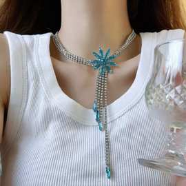 潮酷超闪满钻花朵流苏项链女潮欧美名媛高级感奢华颈链锁骨链配饰