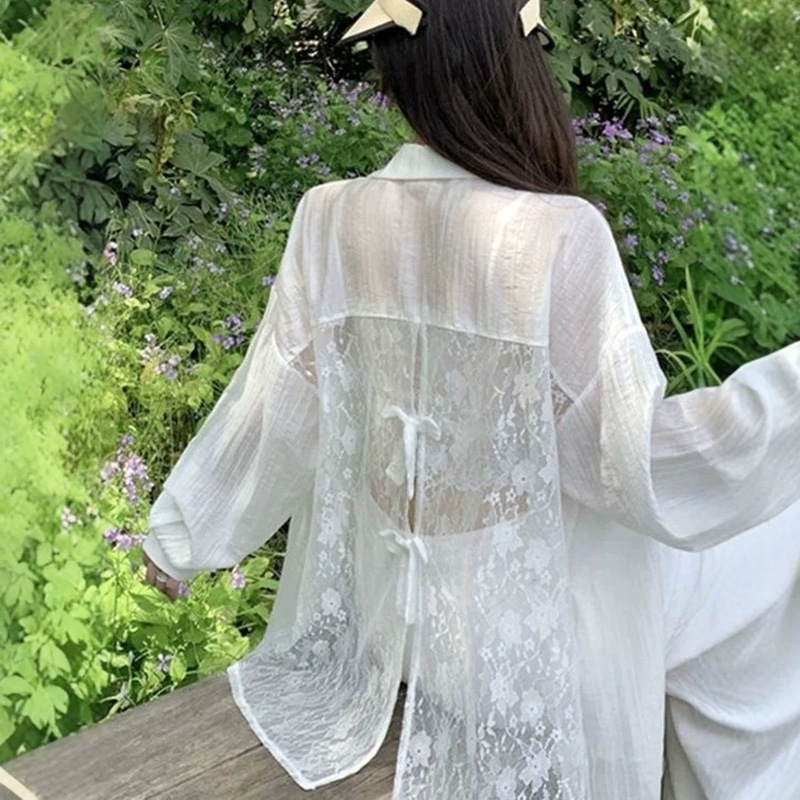 Back Slit Bow Tie Shirt for Women, Summer Loose Fit, New Textured Long-Sleeve Shirt with Lace Splicing and Hollow-Out Design