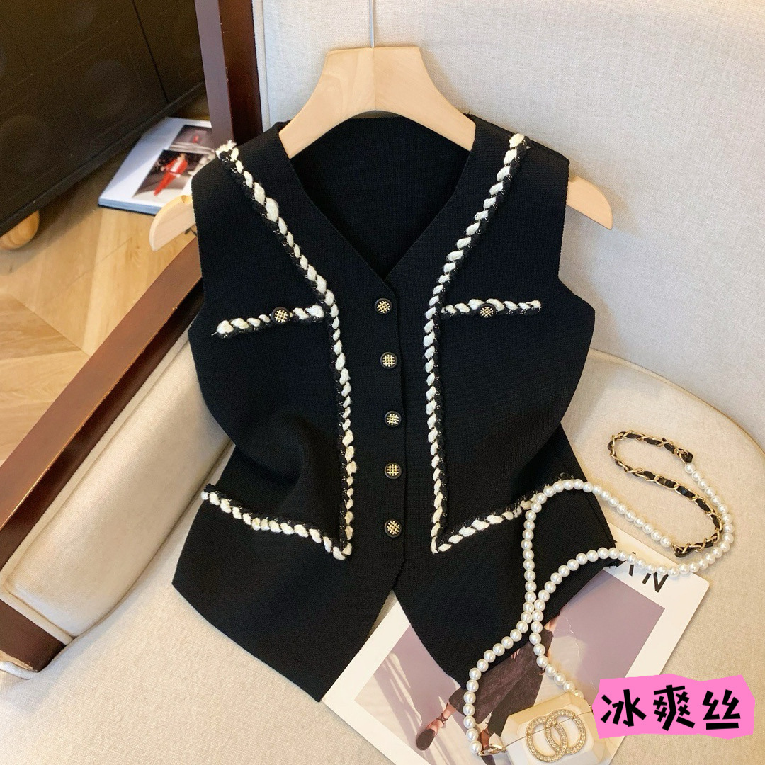 法式撞色v领小香风女春2025新款高级感背心别致坎肩马夹开衫
