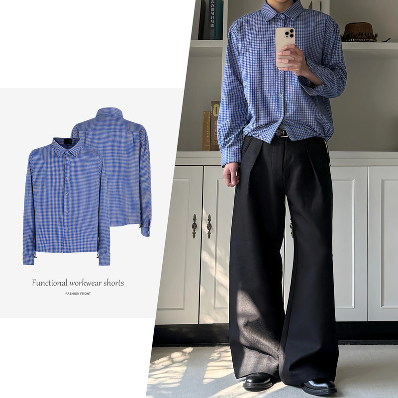 【Csmy】Xanvas Royal Blue Plaid Drawstring Long-Sleeved Shirt Miu Autumn and Winter Versatile Jacket