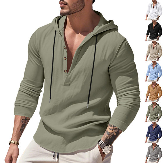 2025 independent station new wish spring and autumn long sleeve linen shirt men's hooded casual loose t-shirt sweater men