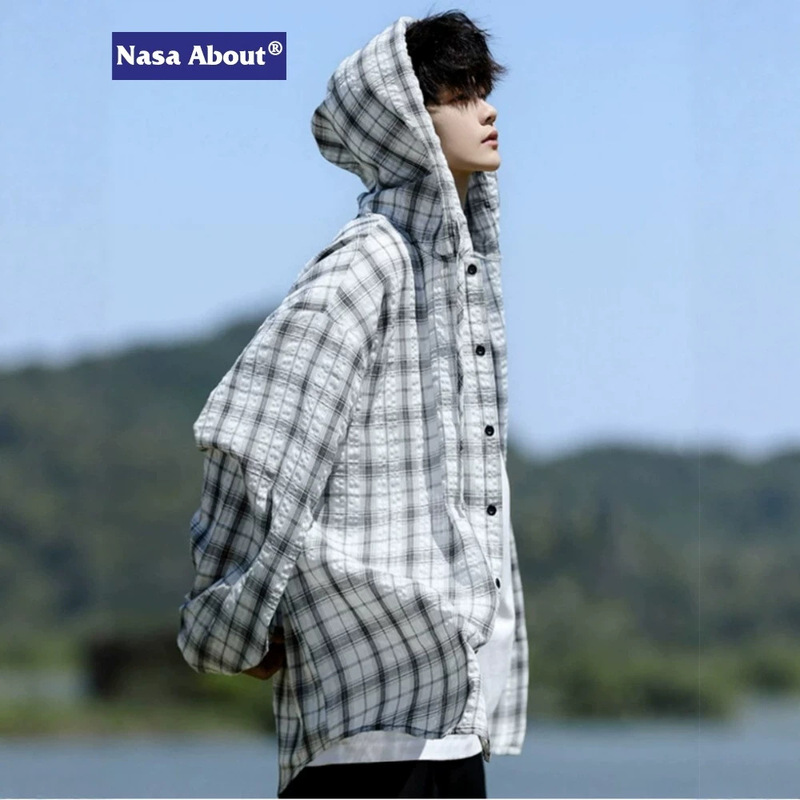 Nasa Linen Hooded Long-Sleeved Shirt Men's Trendy Brand Large Size Plaid Sun Protection Shirt Summer Thin High-End Jacket Nasa Linen Hooded Long-Sleeved Shirt Men's Trendy Brand Large Size Plaid Sun Protection Shirt Summer Thin High-End Jacket