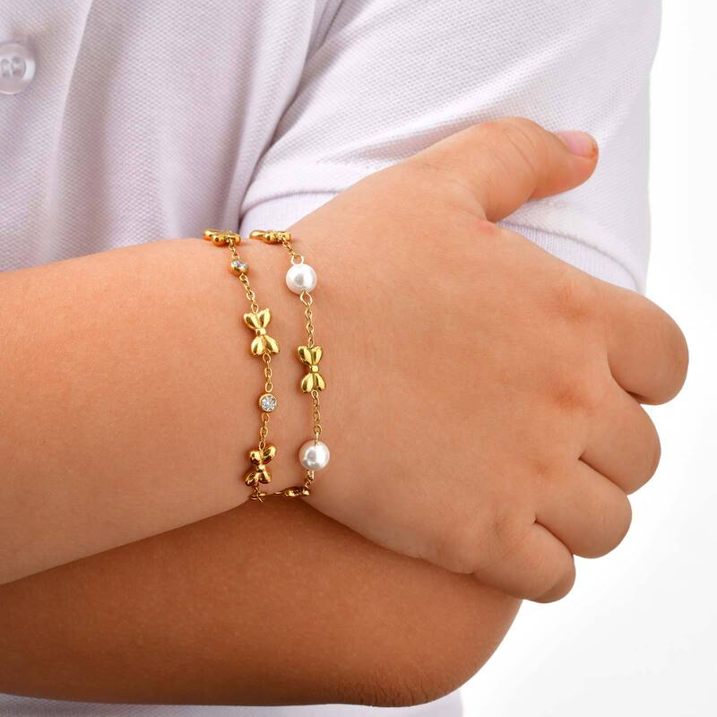 Girls Stainless Steel Flat Cross Chain Bowknot Imitation Pearl Children's Bracelet Gold Girls Stainless Steel Flat Cross Chain Bowknot Imitation Pearl Children's Bracelet Gold