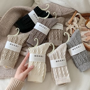 Autumn and winter women's socks new thick warm tube solid color vintage twist stockings versatile casual floor moon socks