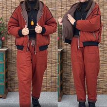 复古棉袄女夹棉加厚冬季休闲时尚连帽拼接保暖棉服两件套