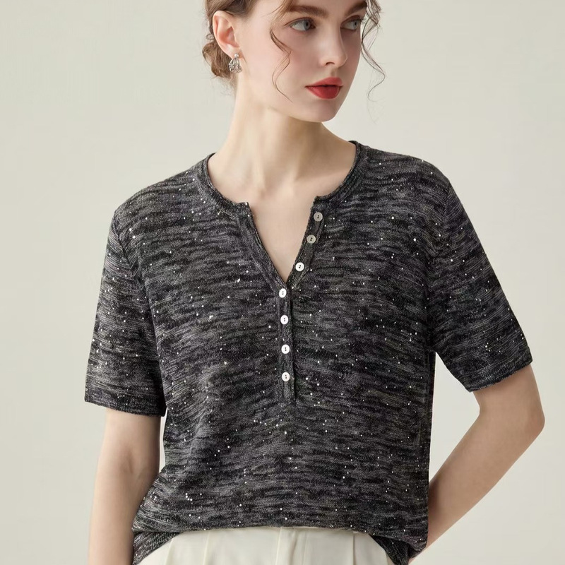 Summer Thin Style Kangbaolai Sequin Floral Cotton Natural Linen Women's Scissor Collar Short-Sleeve Knit T-Shirt Top