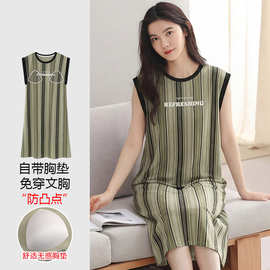 【带胸垫】春秋新款纯棉女坎肩睡裙印花休闲女家居服图片色圆领