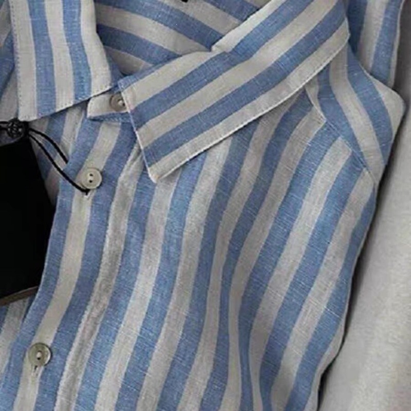New Finds~ Super Cool Stuff! Super Popular! This Year's Trendy Elegant Blue Striped High-Quality Linen Shirt for Women