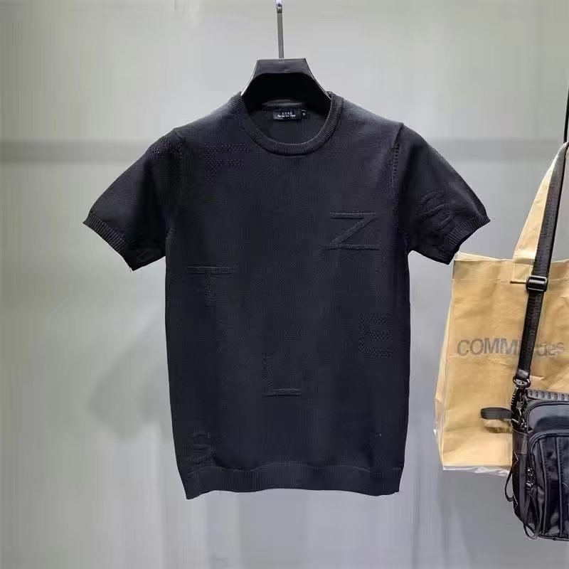 Nueva Camiseta de manga corta de seda de hielo a rayas casual ropa superior de los hombres delgados simples suéter de moda