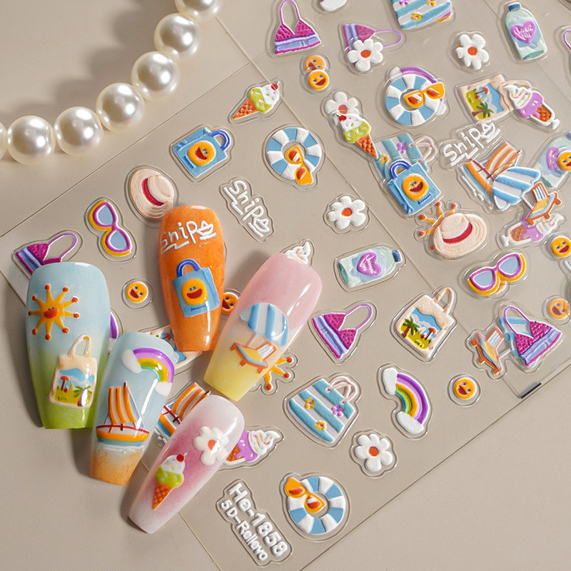 Redanco5D Embossed Ins Popular Cartoon Nail Stickers Summer Beach Scenery Three-Dimensional Nail Stickers He1858 Redanco5D Embossed Ins Popular Cartoon Nail Stickers Summer Beach Scenery Three-Dimensional Nail Stickers He1858