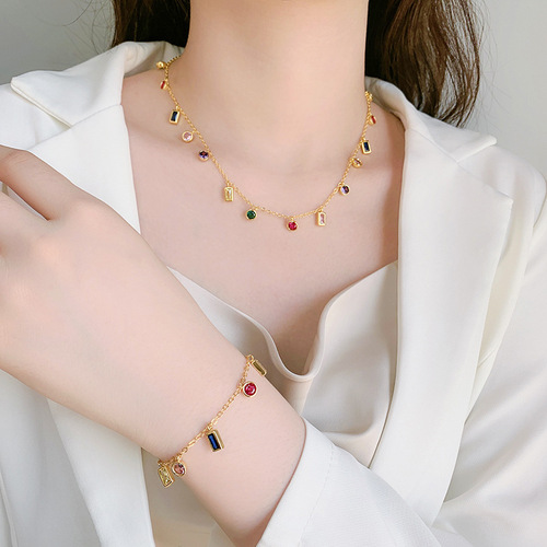 Zhuang ShengSheng Jewelry: Women's European & American-Style New Collection, Unique Color-Matching Glass Stone Bracelet & Necklace—Elegant Accessories for Girls, Wholesale