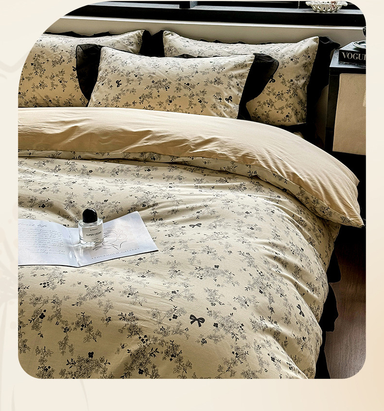 Vintage Floral Duvet Cover Set Pure Cotton Black Lace Bedding_voghion.com