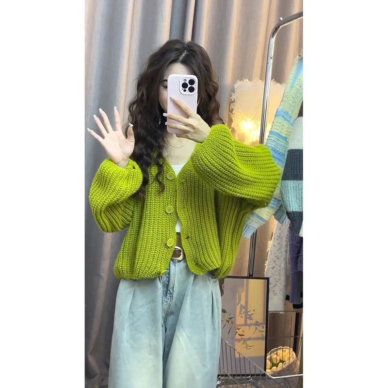春秋2025新款针织开衫上衣女韩版灯笼袖温柔风长袖小个子短款外套|undefined